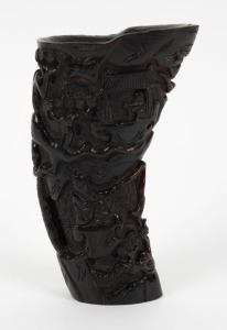 An antique Chinese libation cup, carved buffalo horn, 19th century, 16.5cm high