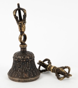 Antique Tibetan bronze bell and vajra, (2 items), ​​​​​​​the bell18cm high