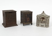 Three antique American cast metal money banks, 19th/20th century, ​​​​​​​the largest 12cm high - 2