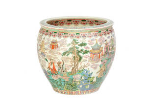 A large famille rose fish bowl, 49.5cm high 59.5cm diameter