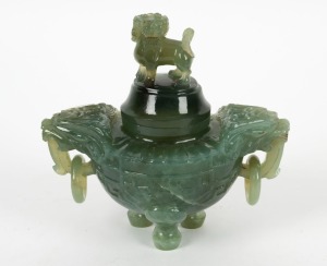 A Chinese carved jade koro with lion finial, 20th century, ​​​​​​​17cm high, 18cm wide