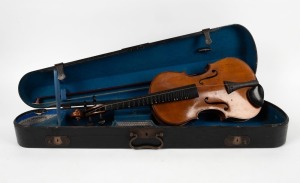 A vintage German violin and bow in case bearing Stradivarius label, early 20th century, 60cm long