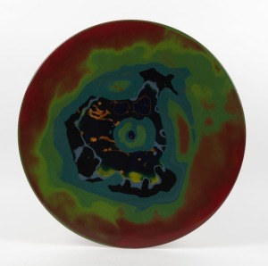 ARTIST UNKNOWN, circular platter, enamel on timber, signed and dated "John(?), March '90", 57cm diameter