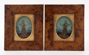 A pair of antique Indian reverse glass paintings of dancing female figures, 25 x 22cm each overall