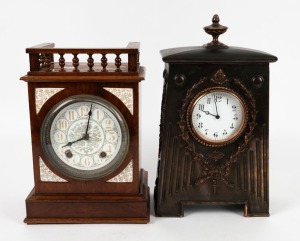 Two antique mantel clocks, one timber case with decorative dial, the other pressed metal and copper cased, 19th/20th century, 33 and 31cm high.