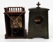 Two antique mantel clocks, one timber case with decorative dial, the other pressed metal and copper cased, 19th/20th century, 33 and 31cm high. - 2
