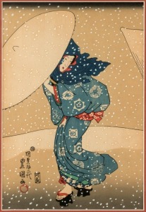 KUNISADA (after), two Japanese woodblock prints of ladies in the snow, 20th century, 30 x 20cm, 57 x 46cm overall each