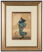 KUNISADA (after), two Japanese woodblock prints of ladies in the snow, 20th century, 30 x 20cm, 57 x 46cm overall each - 2