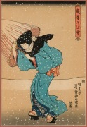 KUNISADA (after), two Japanese woodblock prints of ladies in the snow, 20th century, 30 x 20cm, 57 x 46cm overall each - 3