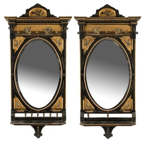 A pair of antique English Aesthetic Movement mirrors with gilt and ebonized finish, 19th century, 137 x 63cm