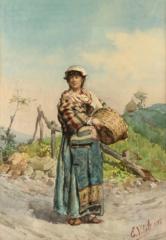 EDUARDO VITALI, (Italian Girl), watercolour on board, signed and dated "E. Vitali 1888" lower right, ​​​​​​​54 x 37cm; framed 70 x 53cm overall.