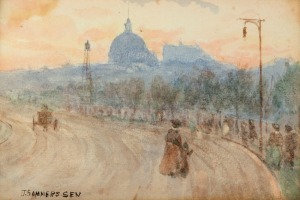 JOHN SOMMERS SENIOR (1846-1930), (Melbourne street scene), watercolour, signed lower left "J. Sommers Sen.", ​​​​​​​11 x 16cm, 32 x 35cm overall