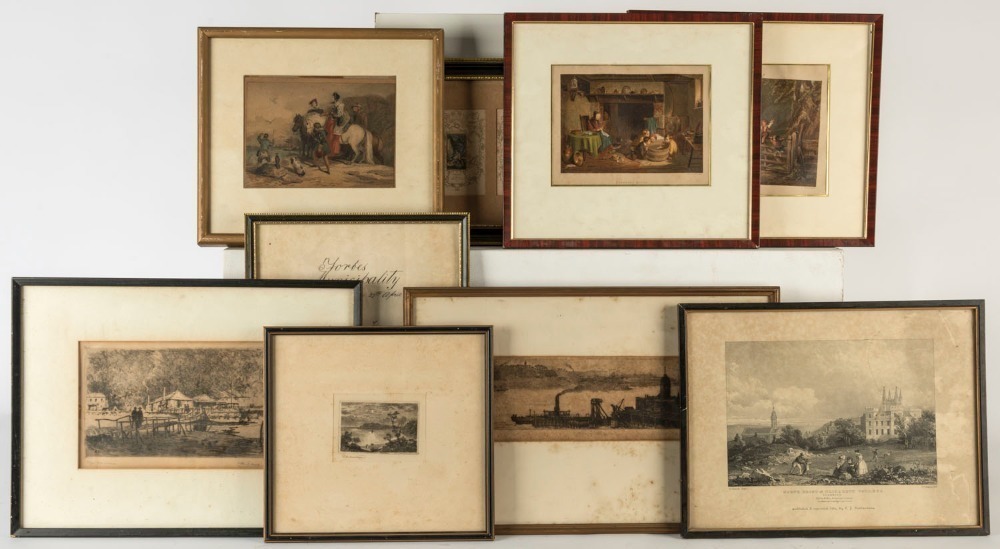 Nine assorted framed vintage and antique prints, black & white and