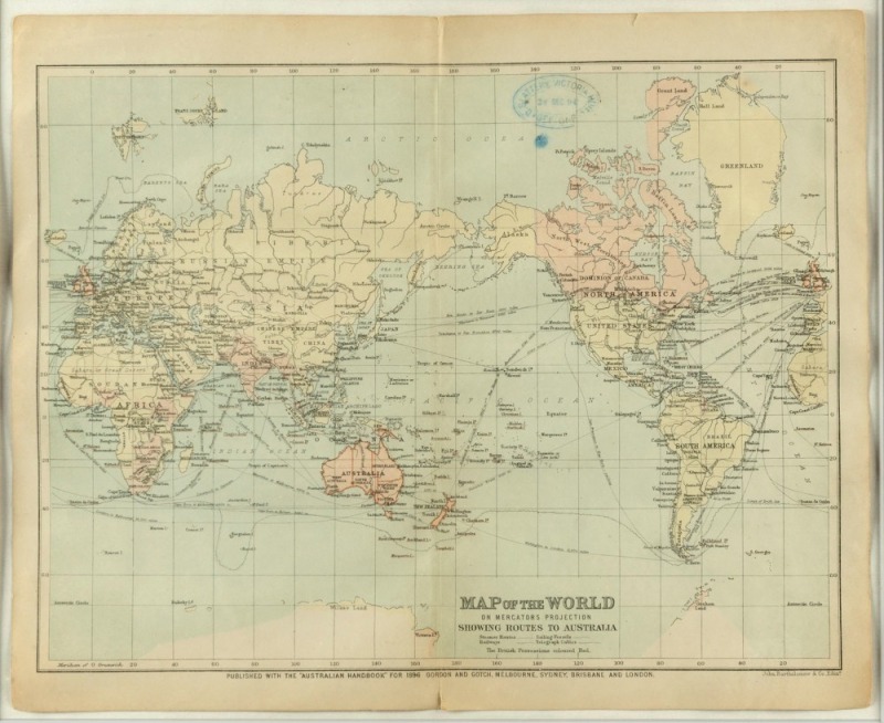 John BARTHOLOMEW & Co., "New Zealand - North Island", "Map of the World" and "New Guinea / Fiji Islands", three maps from the 1896 edition fo Gordon & Gotch's "Australian Handbook", each 30 x 24cm and framed individually, overall 42.5 x 37cm. (3 items).