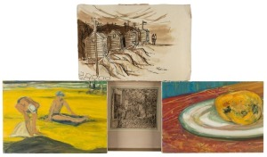 Four assorted artworks including oil on canvas, dry point engraving and watercolour, ​​​​​​​the largest 25 x 35cm