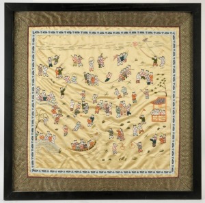 Three framed Chinese silk textiles, 19th/20th century, the largest 47 x 57cm overall
