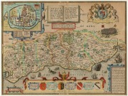 JOHN NORDEN & JOHN SPEED, "Sussex Described and divided into Rapes...", circa 1627 copper plate engraving with later hand-colouring; with inset town plan of Chichester, 39 x 51cm; framed 57 x 70cm overall.