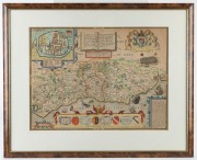 JOHN NORDEN & JOHN SPEED, "Sussex Described and divided into Rapes...", circa 1627 copper plate engraving with later hand-colouring; with inset town plan of Chichester, 39 x 51cm; framed 57 x 70cm overall. - 2