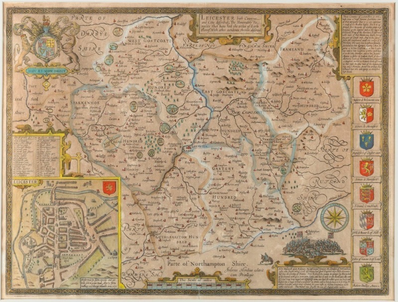 JOHN SPEED (1552 - 1629), "LEICESTER, both Countye and Citie described, The Honorable Famylies that have had titles of Earls thereof. With other accidents therein observed." copper plate engraving with later hand-colouring; circa 1616, with inset town pla