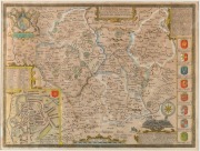 JOHN SPEED (1552 - 1629), "LEICESTER, both Countye and Citie described, The Honorable Famylies that have had titles of Earls thereof. With other accidents therein observed." copper plate engraving with later hand-colouring; circa 1616, with inset town pla