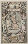 WILLIAM HOLE (d.1624), Britannia, copper plate engraving with light hand-colouring, being the title page of Camden's Britannia, [London, 1607], 27 x 16.5cm; framed 44 x 34cm overall. - 2