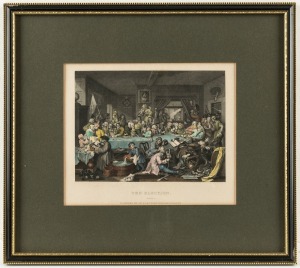 WILLIAM HOGARTH (1697 - 1764), Four Presbury engravings of an election: I.) Humours of an Election Entertainment, II.) Canvassing for Votes, III.) The Polling, and IV.) Chairing the Member, four hand-coloured engravings; individually framed, each 27 x 30c