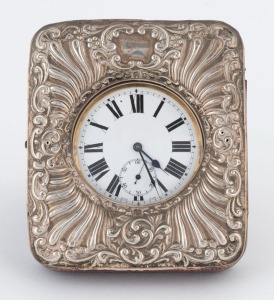 An antique Swiss over-sized pocket watch, housed in an antique sterling silver travel case, late 19th century, ​​​​​​​12cm high overall