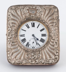 An antique Swiss over-sized pocket watch, housed in an antique sterling silver travel case, late 19th century, 12cm high overall