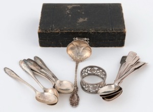 Sterling silver and Continental silver spoons, condiment spoon and napkin ring, 19th and 20th century, (14 items), 245 grams total