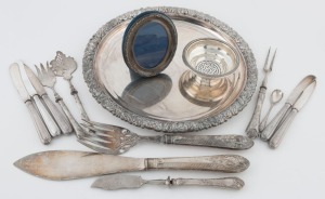 Assorted silver and silver plated items including fish servers, picture frame, serving tray and cutlery, 19th and 20th century, (15 items), the tray 28cm diameter