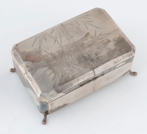 TACK HING Chinese export silver casket with engraved bamboo decoration, interior lined in blue velvet, 19th/20th century, 6.5cm high, 14cm high, 354 grams including lining