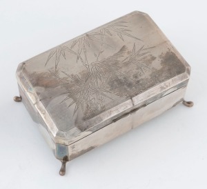 TACK HING Chinese export silver casket with engraved bamboo decoration, interior lined in blue velvet, 19th/20th century, ​​​​​​​6.5cm high, 14cm high, 354 grams including lining