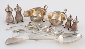 Assorted antique and vintage sterling silver condiments, sauce boats, basting spoon and teaspoons, 19th and 20th century, (13 items), the basting spoon 30.5cm long, 660 grams total