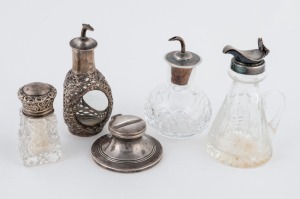 Sterling silver mounted whisky dram, bitters bottles, vanity jar and inkwell, 19th and 20th century, (5 items), the largest 11.5cm high