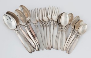 GEORG JENSEN "Cactus" pattern Danish sterling cutlery comprising, 6 teaspoons, 6 coffee spoons, 6 cake forks and 6 cake spoons, designed by GUNDORPH ALBERTUS in 1930, (24 pieces), oval factory marks, 924 grams total