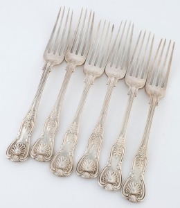 Set of six antique sterling silver King's pattern forks by ELIZABETH EATON of London, circa 1853, 20.5cm long, 610 grams total
