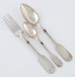Austro-Hungarian antique silver campaign cutlery set, comprising of two folding spoons and a fork, 19th century, the largest spoon 20.5cm long, 164 grams total