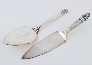 GEORG JENSEN "Acorn" pattern Danish sterling silver cake and flan slices, (2 items), impressed oval mark "Georg Jensen, Sterling Denmark", 26.5cm long, 244 grams total