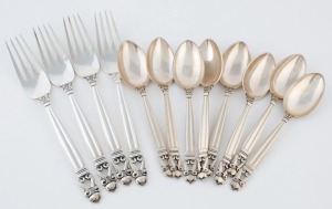 GEORG JENSEN "Acorn" pattern Danish sterling spoons (8) and forks (4), (12 items total), impressed oval mark "Georg Jensen, Sterling Denmark", the spoons 15.5cm long, the forks 20cm long, 542 grams total