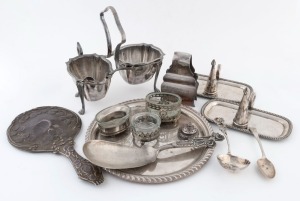 Silver and silver plated items, mixed condition and origin, (13 items), the tray 23cm diameter