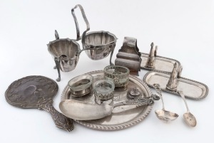 Silver and silver plated items, mixed condition and origin, (13 items), ​​​​​​​the tray 23cm diameter