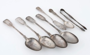 Antique sterling silver spoons, tongs and knife, 19th century, 372 grams total