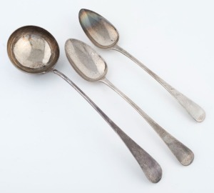 A Georgian sterling silver ladle, together with a pair of Georgian sterling silver basting spoons, (3 items), the ladle 37cm long, 400 grams total