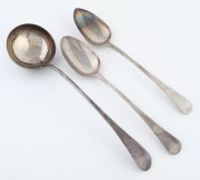 A Georgian sterling silver ladle, together with a pair of Georgian sterling silver basting spoons, (3 items), the ladle 37cm long, 400 grams total