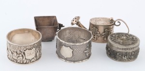 Chinese export silver miniature teacup, two napkin rings, watering can and circular box, 19th/20th century, (5 items), 162 grams total