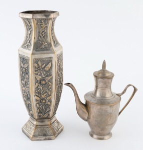 An antique Chinese silver plated vase and teapot, 19th century, (2 items), 22cm and 15cm high
