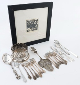 Assorted sterling silver, Continental silver and silver plated cutlery, plus WMF bottle coaster, and a small woodblock print by JOHN FLOYD, (21 items), 450 grams silver weight