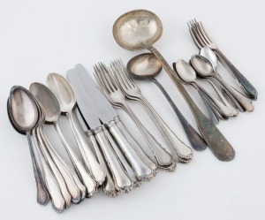 Assorted German 800 silver cutlery (19 pieces), together with a quantity of silver plated cutlery, (45 pieces total), ​​​​​​​1090 grams silver weight