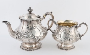 An antique English sterling silver teapot and sugar basin, made by Edward and John Barnard of London, circa 1851, (2 items), the teapot 20cm high, 1165 grams total