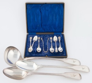 Silver plated antique ladle and basting spoons, plus a boxed set of teaspoons with sugar tongs 19th/20th century, (4 items)